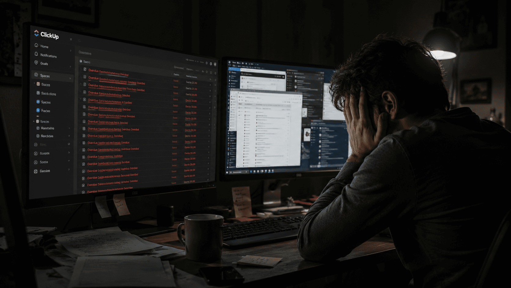 Person overwhelmed at desk with ClickUp task lists overflowing on dual monitors