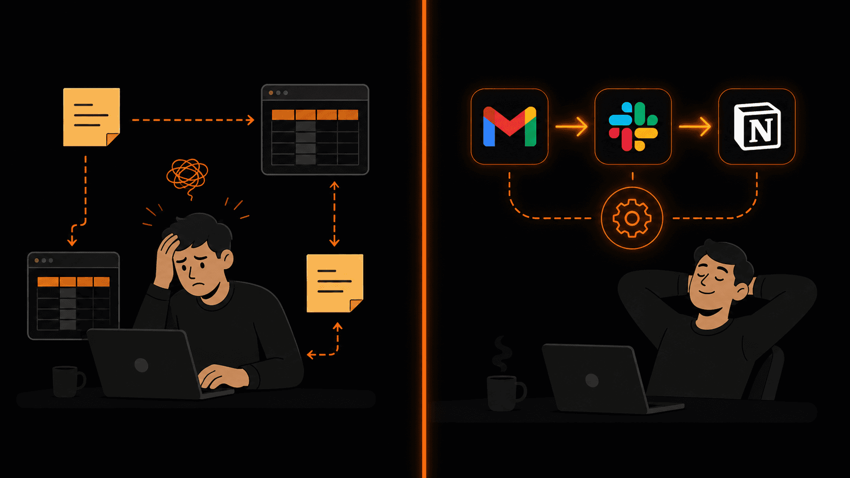 Before and after automation — manual work vs automated workflow
