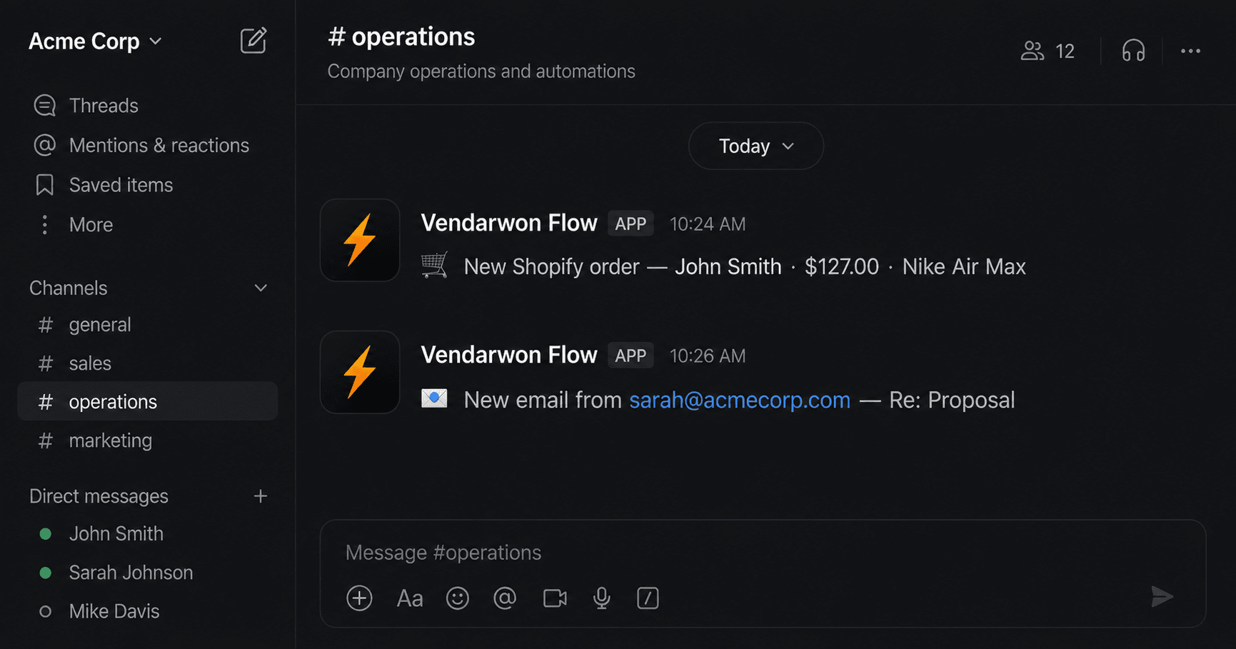 Vendarwon Flow Slack notification examples — Shopify order and email alert