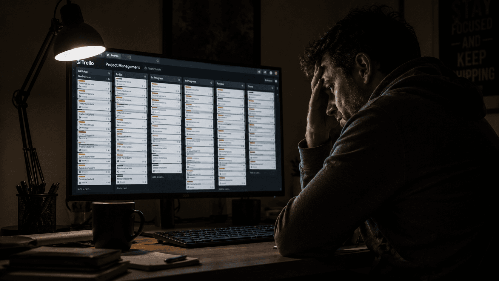 Person staring at an overflowing Trello kanban board with dozens of cards piled in columns